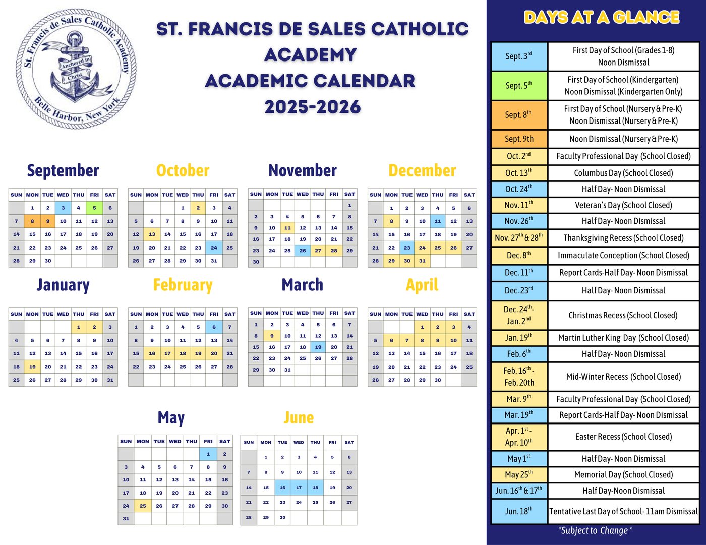 2025-2026 Academic Calendar - St. Francis de Sales Catholic Academy – Belle Harbor, Queens, NY