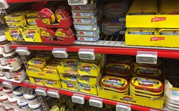 Mackerel In Tomato Sauce, Etc., Product Aisle Shop Shelves In Meny Supermarket, Bergen Storsenter Shopping Mall, Bergen, Norway, 2017 10 23