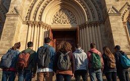 A Group Of Teenagers Standing Outside A Catholic Church With Back Facing Camera