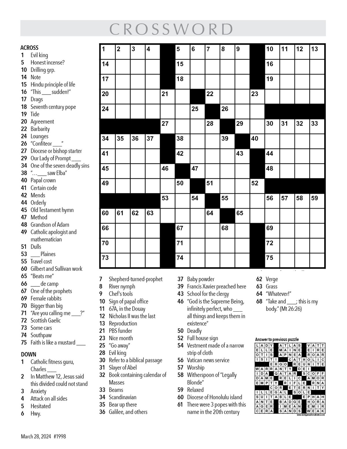 Crossword March 28, 2024 Northwest Catholic Read Catholic News