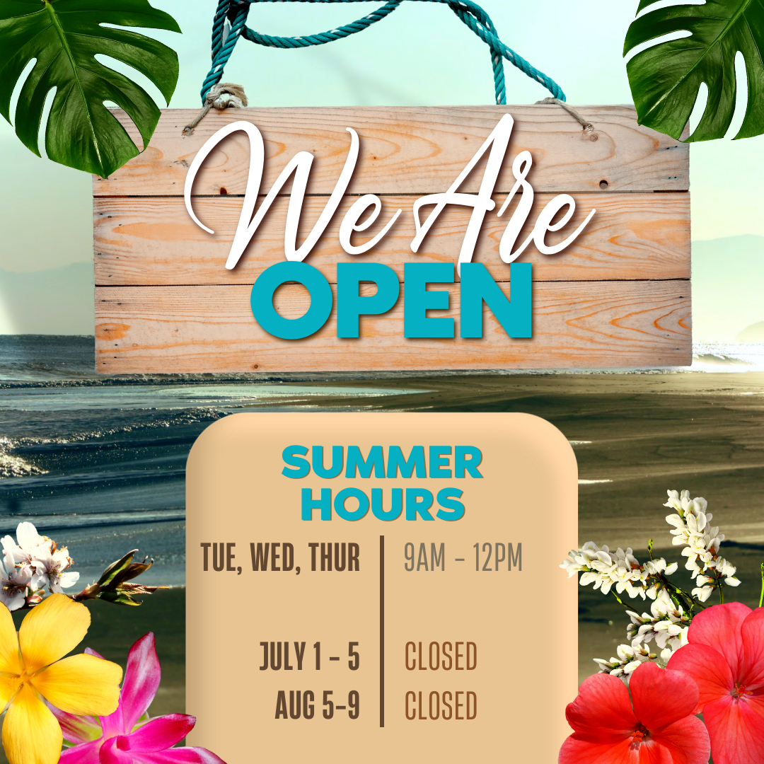 illustration of wooden signs on beach saying "We Are Open" and stating the hours