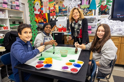 students painting with art teacher