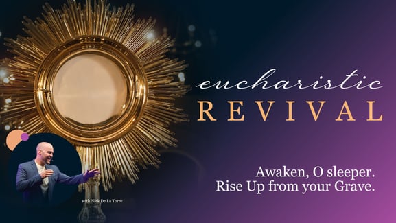 graphic featuring a photo of a monstrance and a photo of speaker Nick de la Torre against a purple gradient background